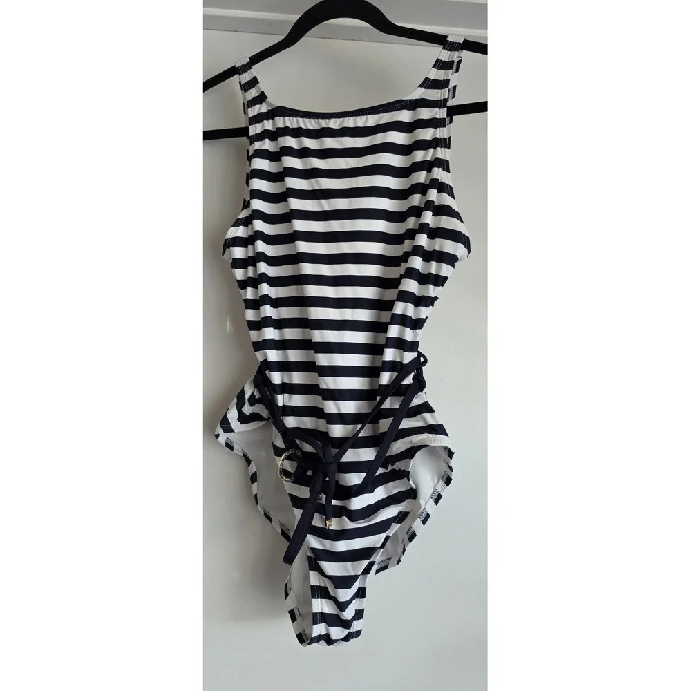 Michael Kors One Piece Swimsuit Size 14 Navy White Striped Sleeveless Classic